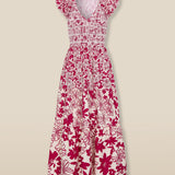 DAWA | Crimson Kırmızı &amp; Beyaz Smokinli Çiçekli Pamuklu Midi Elbise