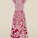 DAWA | Crimson Kırmızı &amp; Beyaz Smokinli Çiçekli Pamuklu Midi Elbise