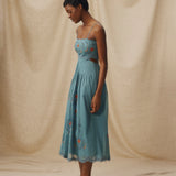 EMMA | Teal Blue Floral Embroidered Cotton Midi Dress