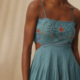 EMMA | Teal Blue Floral Embroidered Cotton Midi Dress