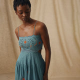 EMMA | Teal Blue Floral Embroidered Cotton Midi Dress