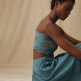 EMMA | Teal Blue Floral Embroidered Cotton Midi Dress