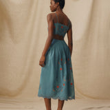 EMMA | Teal Blue Floral Embroidered Cotton Midi Dress