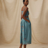 EMMA | Teal Blue Floral Embroidered Cotton Midi Dress