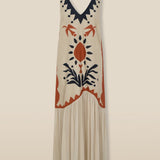 HELEN | Vestido midi de talle bajo con bordados de algodón y lino color crudo