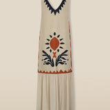 HELEN | Vestido midi de talle bajo con bordados de algodón y lino color crudo