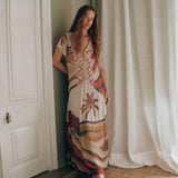 NAOMI | Ecru Multi Palm Printed Drop-Waist Midi Dress