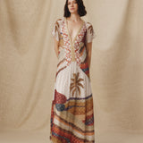 NAOMI | Ecru Multi Palm Printed Drop-Waist Midi Dress