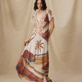 NAOMI | Ecru Multi Palm Printed Drop-Waist Midi Dress