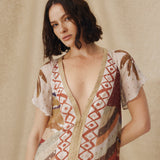 NAOMI | Ecru Multi Palm Printed Drop-Waist Midi Dress