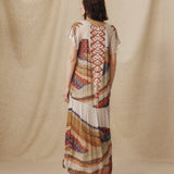 NAOMI | Ecru Multi Palm Printed Drop-Waist Midi Dress