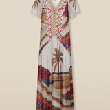 NAOMI | Ecru Multi Palm Printed Drop-Waist Midi Dress