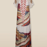 NAOMI | Ecru Multi Palm Printed Drop-Waist Midi Dress