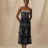 EMMA | Black Embroidered Cotton Linen Tiered Midi Dress