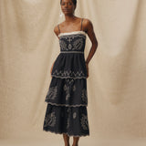 EMMA | Black Embroidered Cotton Linen Tiered Midi Dress