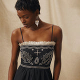EMMA | Black Embroidered Cotton Linen Tiered Midi Dress