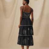 EMMA | Black Embroidered Cotton Linen Tiered Midi Dress