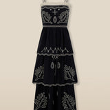 EMMA | Black Embroidered Cotton Linen Tiered Midi Dress
