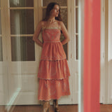 EMMA | Terracotta Red Embroidered Cotton Linen Tiered Midi Dress