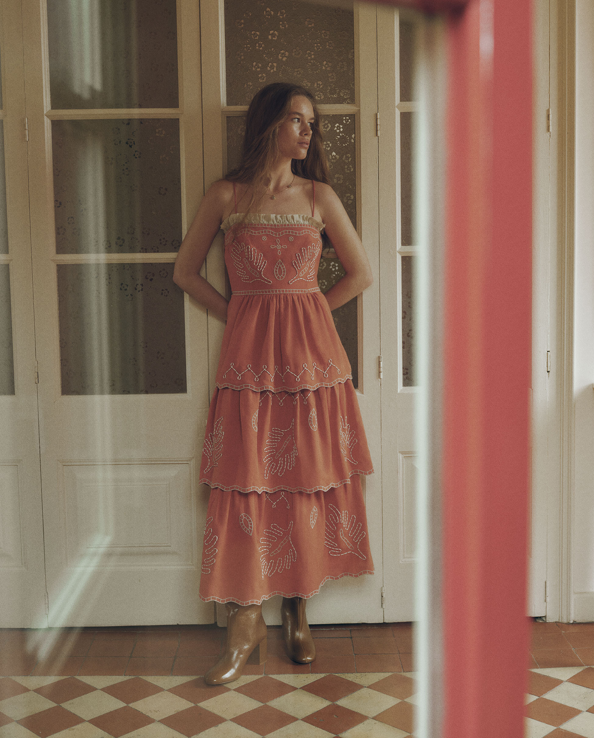 EMMA | Terracotta Red Embroidered Cotton Linen Tiered Midi Dress MAKSU EMMA | Terracotta Red Embroidered Cotton Linen Tiered Midi Dress MAKSU