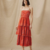 EMMA | Terracotta Red Embroidered Cotton Linen Tiered Midi Dress