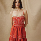EMMA | Terracotta Red Embroidered Cotton Linen Tiered Midi Dress
