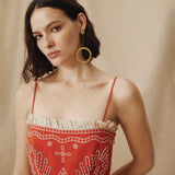 EMMA | Terracotta Red Embroidered Cotton Linen Tiered Midi Dress