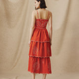 EMMA | Terracotta Red Embroidered Cotton Linen Tiered Midi Dress