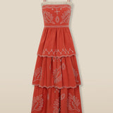 EMMA | Terracotta Red Embroidered Cotton Linen Tiered Midi Dress