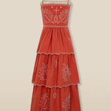 EMMA | Terracotta Red Embroidered Cotton Linen Tiered Midi Dress