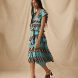 BERNAT | Turquoise Multi Layered Ikat Cotton Midi Dress