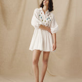 ZULIKA | White Embroidered Floral Motifs Cotton Short Dress