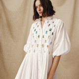 ZULIKA | White Embroidered Floral Motifs Cotton Short Dress
