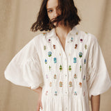 ZULIKA | White Embroidered Floral Motifs Cotton Short Dress