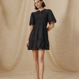 JAIA | Black Tonal Floral-Embroidered Cotton Short Dress