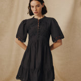 JAIA | Black Tonal Floral-Embroidered Cotton Short Dress