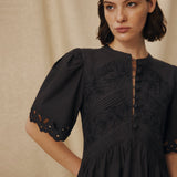 JAIA | Black Tonal Floral-Embroidered Cotton Short Dress