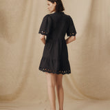 JAIA | Black Tonal Floral-Embroidered Cotton Short Dress