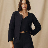 ISHANI | Black Trapunto Embroidered Linen Jacket