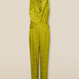 BHAKTI | Chartreuse Yellow Jacquard Leopard Print Sleeveless Jumpsuit