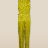 BHAKTI | Chartreuse Yellow Jacquard Leopard Print Sleeveless Jumpsuit