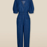JANAT | Denim Blue Pleated Trim Cotton Jumpsuit