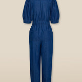 JANAT | Denim Blue Pleated Trim Cotton Jumpsuit