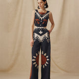 GENOVEVA | Black Geometric Embroidery Wide-Leg Cotton-Linen Jumpsuit