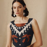 GENOVEVA | Black Geometric Embroidery Wide-Leg Cotton-Linen Jumpsuit