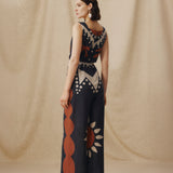 GENOVEVA | Black Geometric Embroidery Wide-Leg Cotton-Linen Jumpsuit