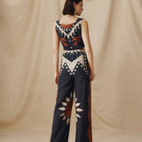 GENOVEVA | Black Geometric Embroidery Wide-Leg Cotton-Linen Jumpsuit