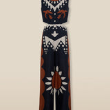 GENOVEVA | Black Geometric Embroidery Wide-Leg Cotton-Linen Jumpsuit