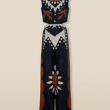 GENOVEVA | Black Geometric Embroidery Wide-Leg Cotton-Linen Jumpsuit