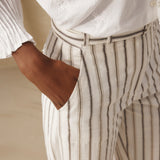BROOKE | Ecru Subtle Stripe Straight Leg Cotton Linen Trousers